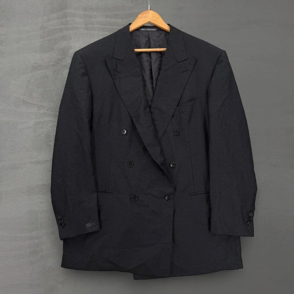 Vintage Ermenegildo Zegna Double Breasted Blazer Charcoal Gray Wool Swiss  58L